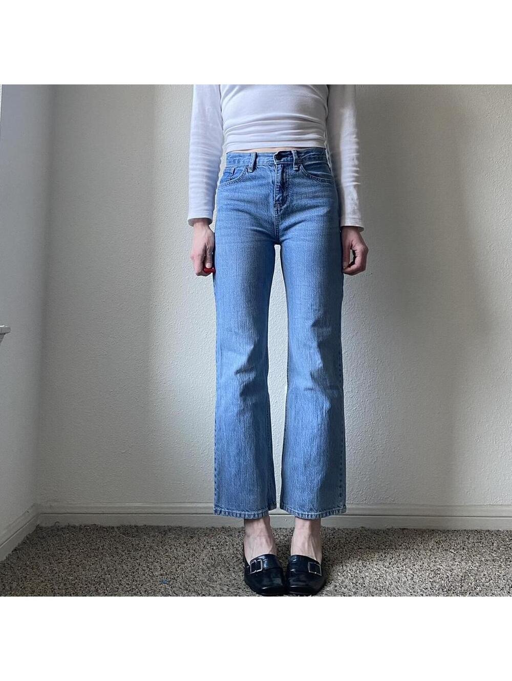 Mid rise relaxed fit flare light wash denim blue jeans
